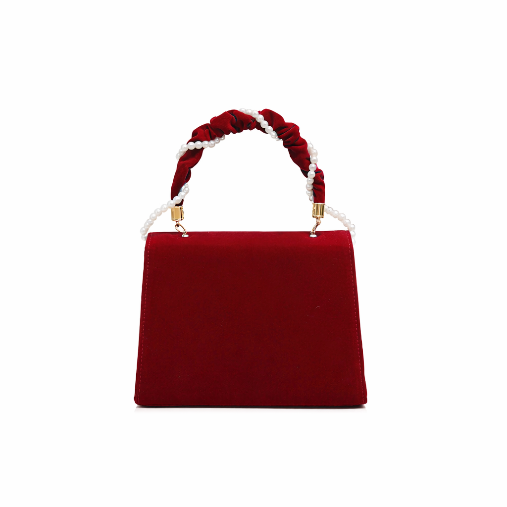 Zelin Kamelya Kadife Küçük Kare Çanta – Kırmızı Dokuma Detaylı Omuz Çantası