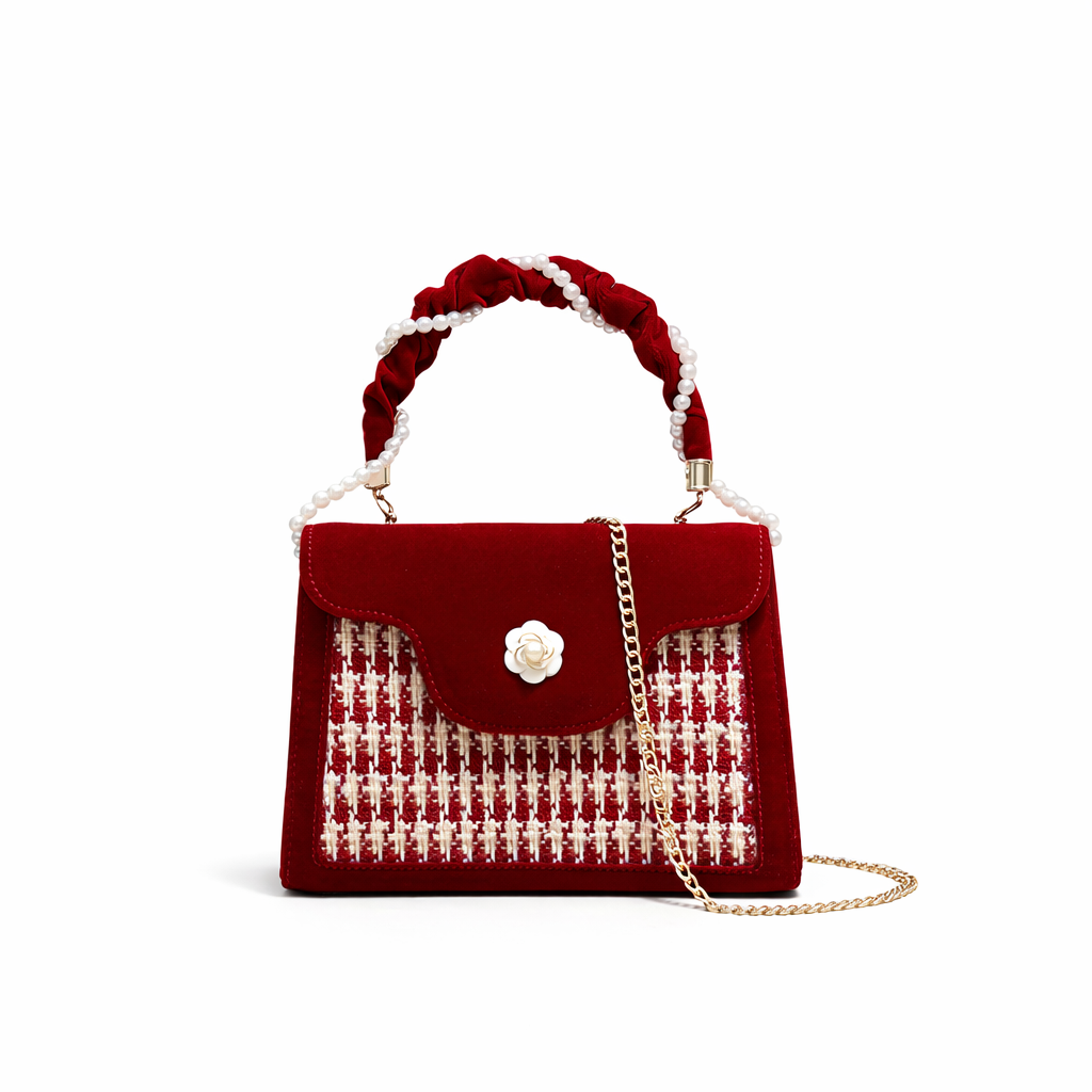 Zelin Kamelya Kadife Küçük Kare Çanta – Kırmızı Dokuma Detaylı Omuz Çantası