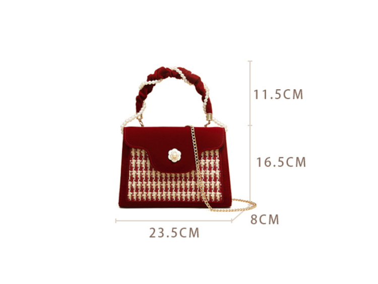 Zelin Kamelya Kadife Küçük Kare Çanta – Kırmızı Dokuma Detaylı Omuz Çantası